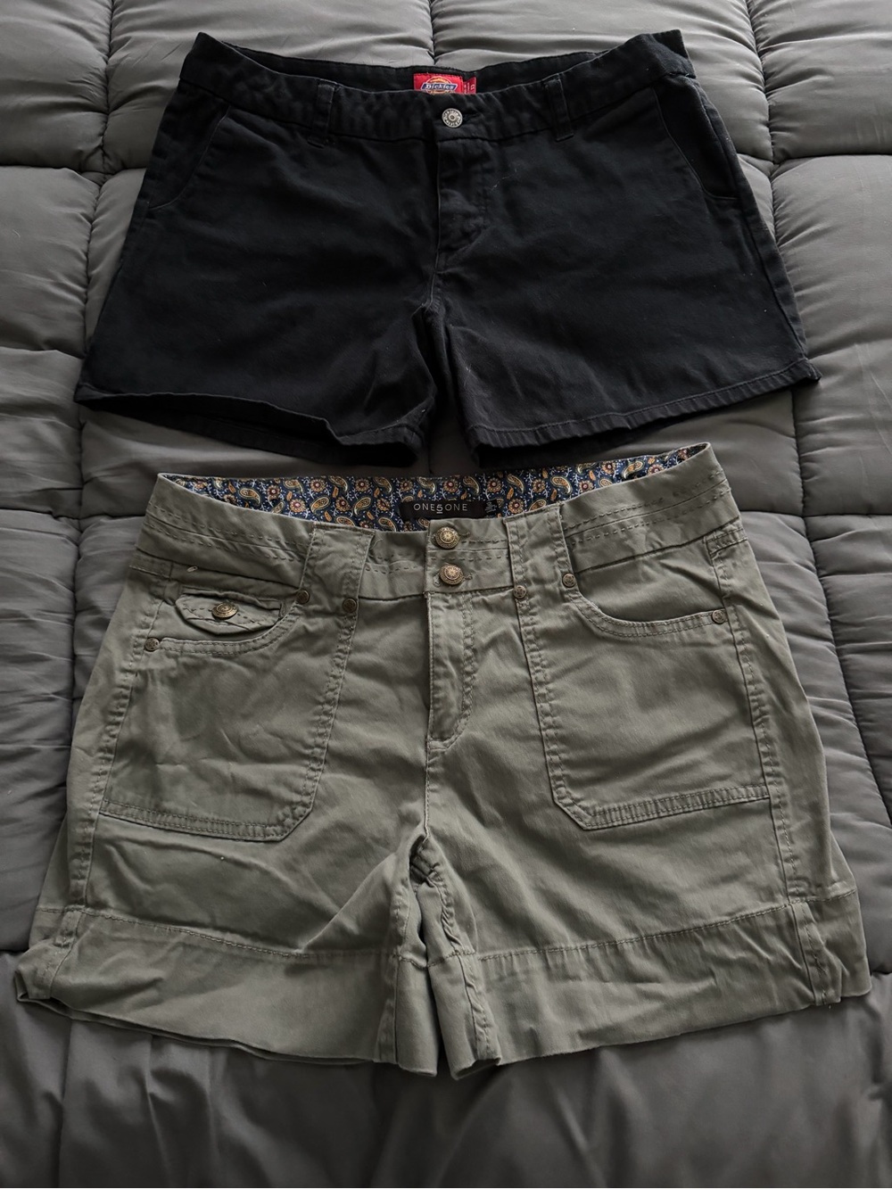 Dickies Black Shorts Size 13 and One5One Olive Women’s Casual Shorts Size 12 Duo